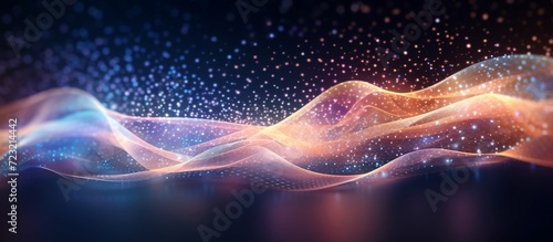 Abstract digital landscape or sound waves with flowing particles. Big data technology background.