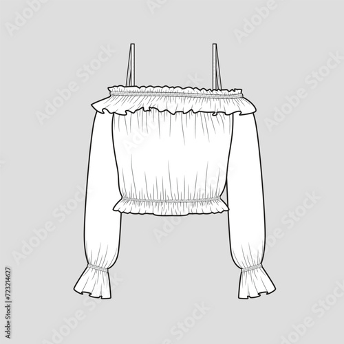 Off Shoulder Strap Top Frill gathering ruffles long sleeve hem fashion t shirt  blouse clothing flat sketch technical drawing template design vector