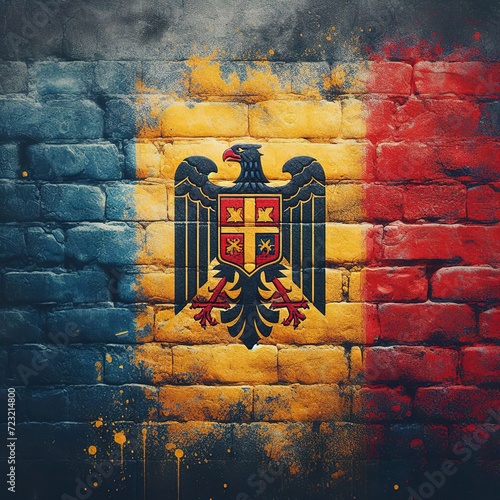 Romania flag overlay on old granite brick and cement wall texture for background use photo