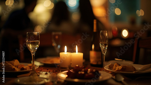 A candlelit dinner table for two.