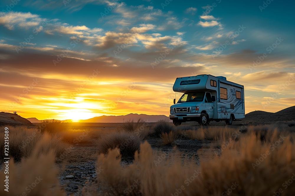 In the heart of the desert, an RV camper is silhouetted against a stunning sunset, the sky ablaze with gold and orange, inviting an evening of peaceful solitude In the heart of the desert, an RV camper is silhouetted against a stunning sunset, the sky ablaze with gold and orange, inviting an evening of peaceful solitude