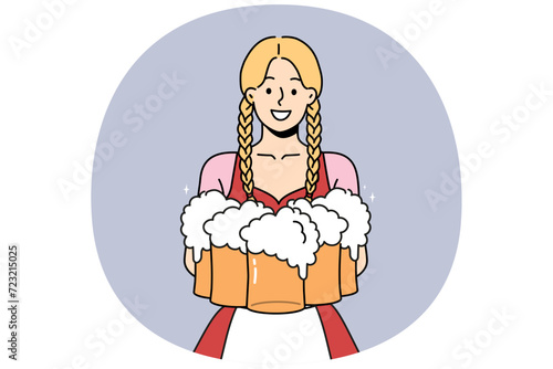 Smiling woman in traditional costume holding glasses of beers. Waitress serving drinks of German festival. Oktoberfest event. Vector illustration.