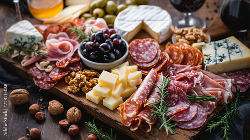 A cheese and charcuterie board with a selection of artisan cheeses cured meats nuts and fruits perfect for a wine pairing.