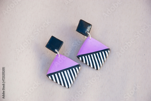 Modern lilac earrings. Black white polymer clay earrrings.