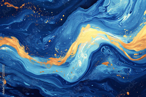 Enchanting fairytale ocean waves art painting with unique blue and gold wavy swirls, creating a magical water scene. Features fairytale navy and yellow sea waves,making it suitable for children's book photo