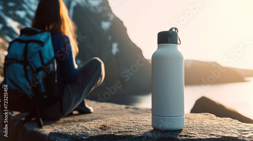 Reusable water bottle next to female wanderer as sustainable hiking concept