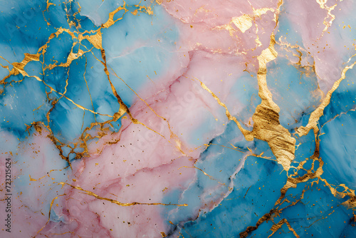 Luxurious marble texture in gold, blue, and pink with golden cracks, serving as a backdrop or background for a feminine and beautiful touch. Ideal for labels, business cards, and creating a romantic 