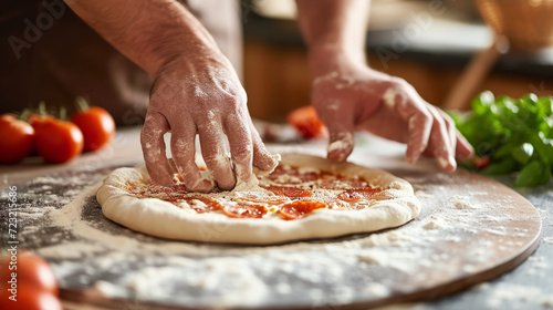Hands of Italian chef preparing pizza on wooden board for cooking in pizzeria
