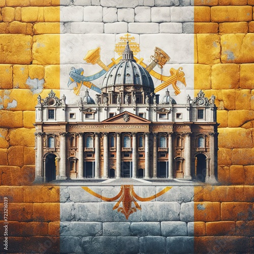 Vatican City flag overlay on old granite brick and cement wall texture for background use photo