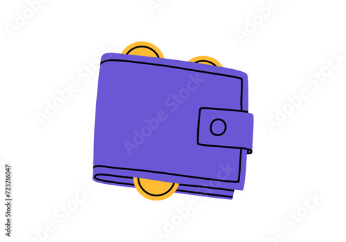 Hand drawn cute cartoon illustration of closed wallet with coins inside. Flat vector money currency sticker in colored doodle style. Shopping or payment icon or print. Online payment. Isolated.