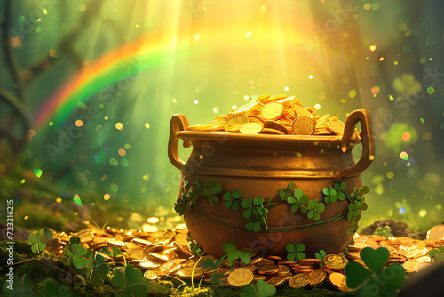 Leprechaun's bounty: Pot of gold, rainbow backdrop, a magical St. Patrick's Day illustration blending whimsy with the vibrant spirit of the holiday.