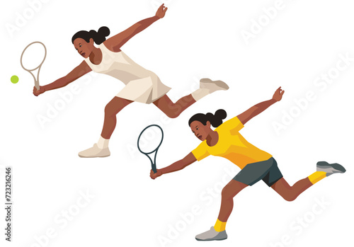 Dark-skinned women's tennis girl player in a white and yellow sportswear in profile who run forward to hit the ball