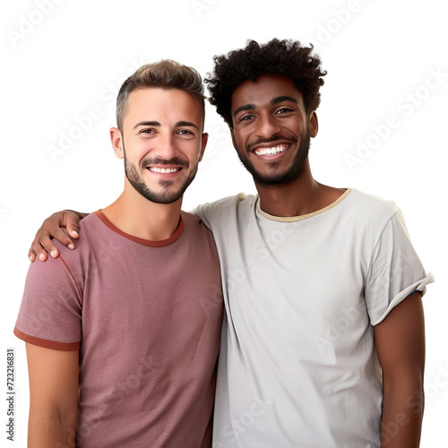 Front view of a half body shot of a gay couple, smiling Isolated on transparent background.