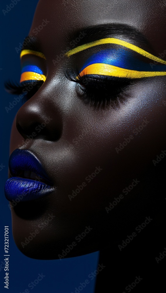 A strikingly bold woman with a vibrant blue and sunny yellow makeup look, emphasizing her defined lashes and expertly applied lipstick, exudes confidence and sets a trendsetting fashion statement A strikingly bold woman with a vibrant blue and sunny yellow makeup look, emphasizing her defined lashes and expertly applied lipstick, exudes confidence and sets a trendsetting fashion statement
