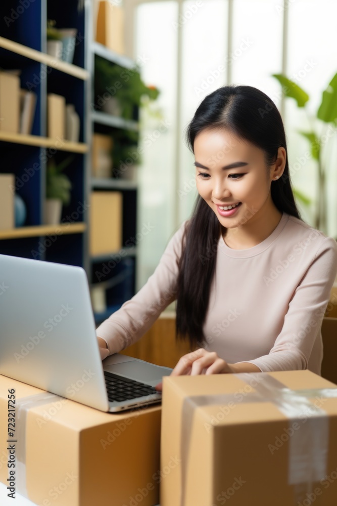 A woman is sitting at a table with a laptop computer. This image can be used to illustrate concepts such as remote work, technology, productivity, and online communication A woman is sitting at a table with a laptop computer. This image can be used to illustrate concepts such as remote work, technology, productivity, and online communication