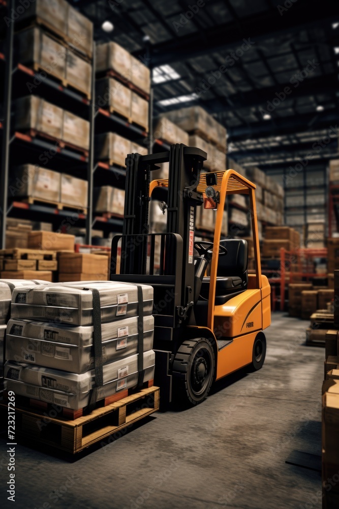 Forklift truck parked in a warehouse. Can be used to depict logistics, transportation, or industrial operations
