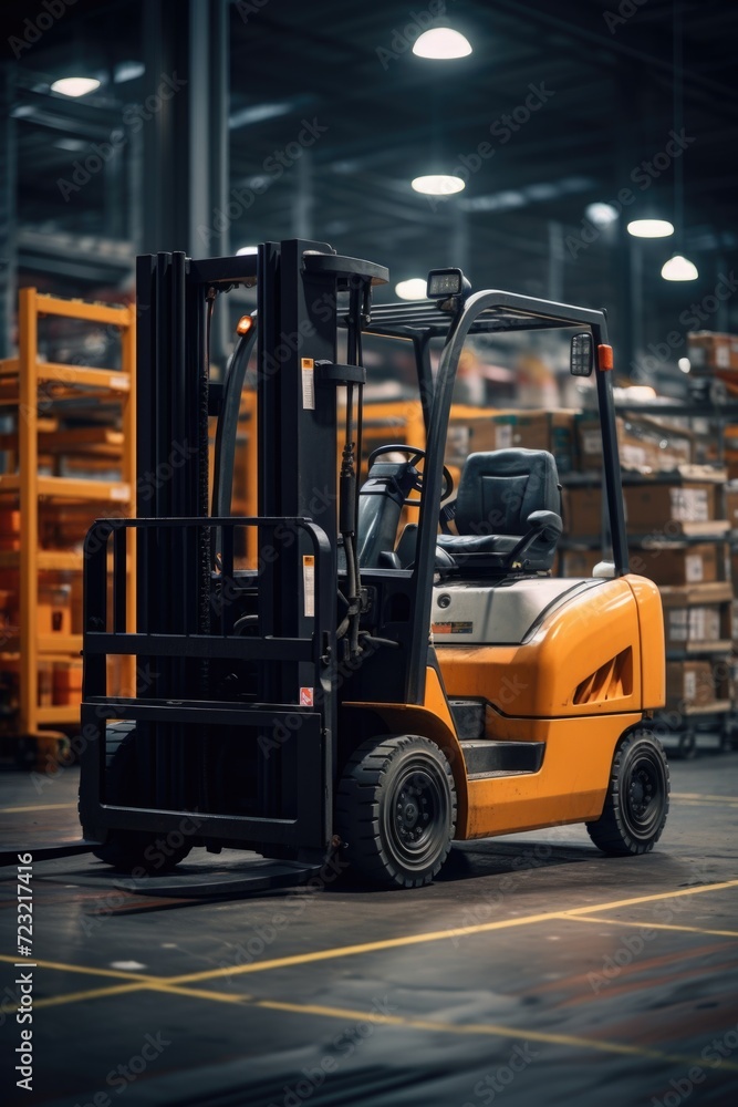 A forklift is parked in a warehouse. This image can be used to depict industrial storage, logistics, or warehouse operations