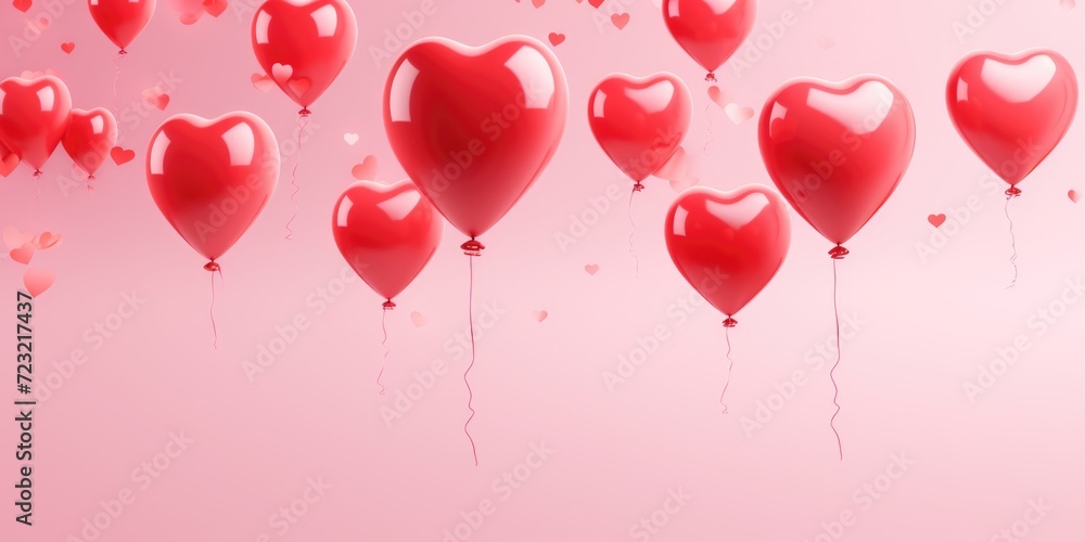 Red heart shaped balloons floating in the air. Perfect for expressing love and affection. Ideal for Valentine's Day, anniversaries, or romantic events.