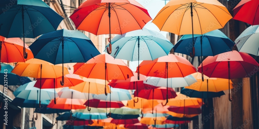 Colorful umbrellas hanging from the ceiling in a vibrant street scene. Perfect for adding a pop of color and whimsy to any project