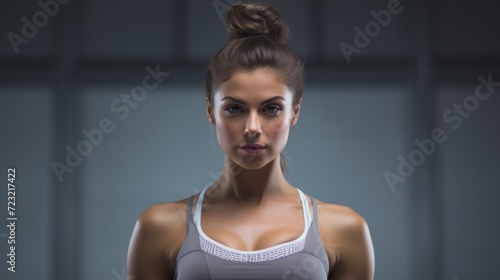 A woman wearing a sports bra top strikes a pose for a photo. This image can be used for fitness, health, and lifestyle-related content