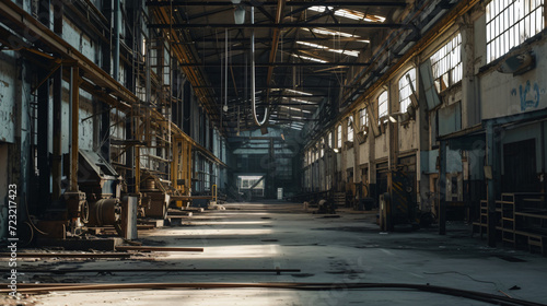 A closed-down factory with old assembly lines and hanging wires.