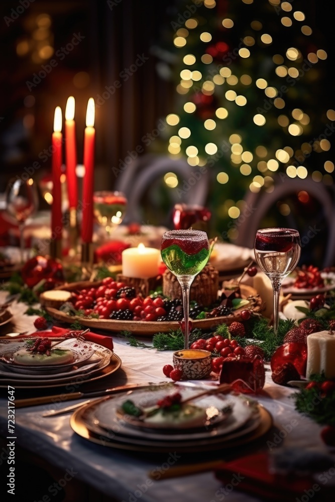 A festive table set for a holiday dinner, complete with candles. Perfect for creating a warm and inviting atmosphere. A festive table set for a holiday dinner, complete with candles. Perfect for creating a warm and inviting atmosphere.