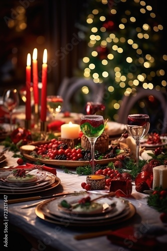 A festive table set for a holiday dinner, complete with candles. Perfect for creating a warm and inviting atmosphere.