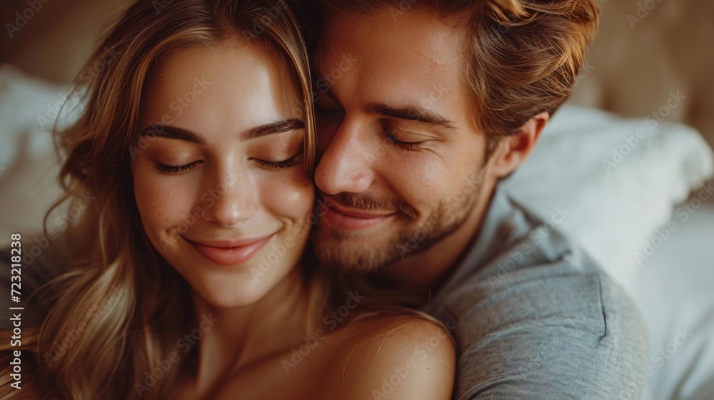 Affectionate pair embrace in spacious bedroom. Romantic tale profile view. Affectionate pair embrace in spacious bedroom. Romantic tale profile view.