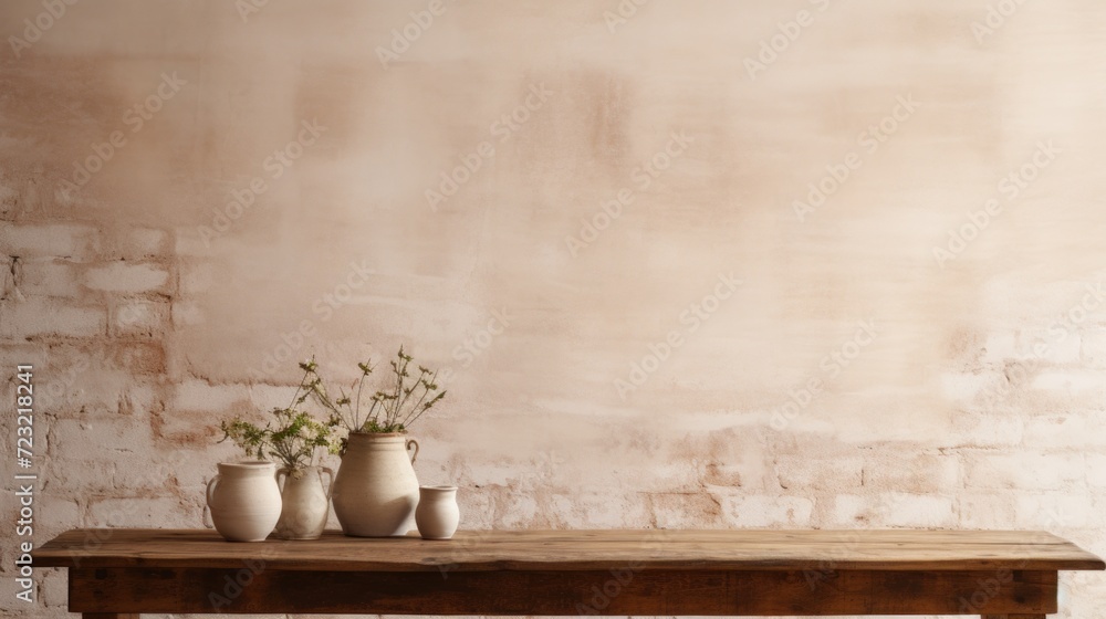 A wooden table adorned with vases filled with beautiful flowers. Perfect for adding a touch of nature to any space A wooden table adorned with vases filled with beautiful flowers. Perfect for adding a touch of nature to any space