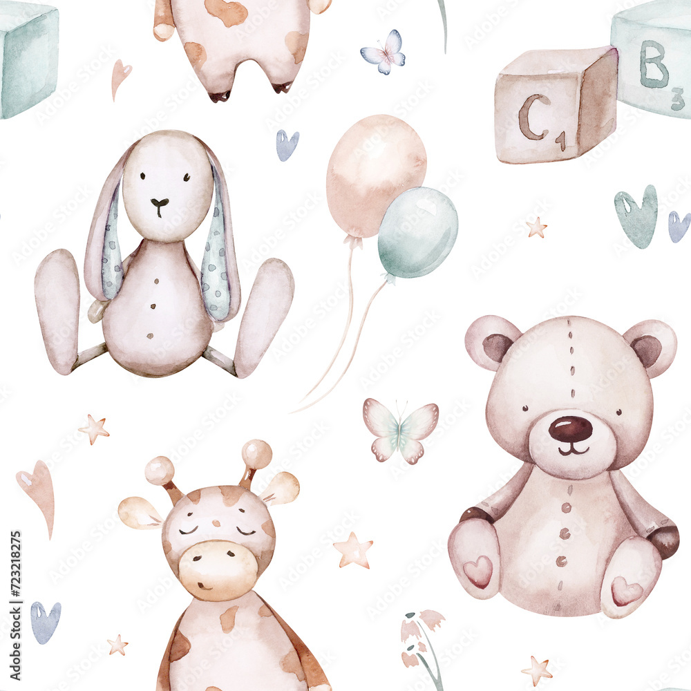 Seamlesss pattern with cartoon clouds, magic baby bear bunny toys and cow. Watercolor hand drawn illustration with white background