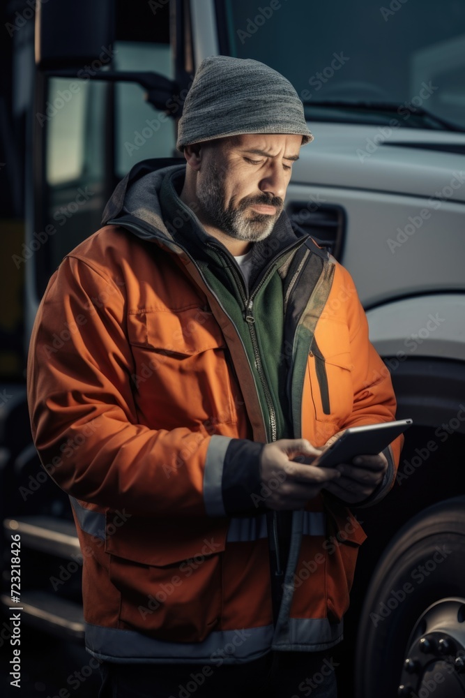 A man stands in front of a truck, focused on using a tablet. This image can be used to depict technology usage in the transportation industry