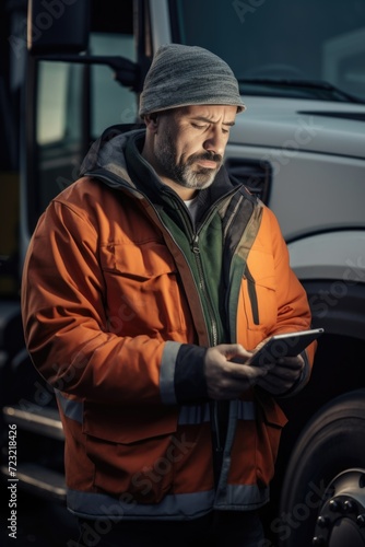 A man stands in front of a truck, focused on using a tablet. This image can be used to depict technology usage in the transportation industry