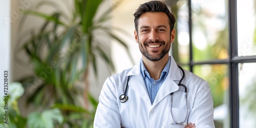 Smiling male physician in white lab coat and stethoscope holding good test results, against white backdrop with blank area for text, promoting good health. photo