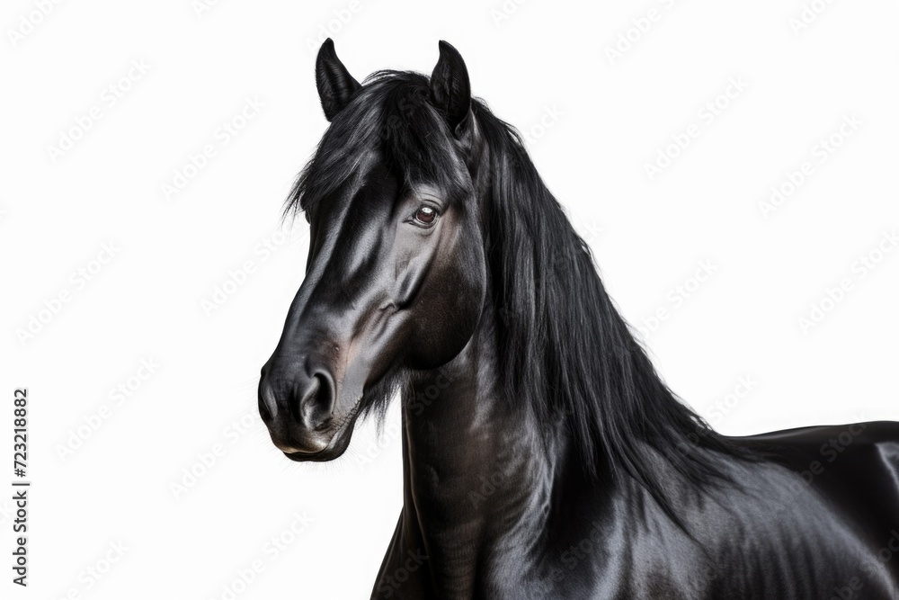 A black horse with a long mane stands in front of a white background. Suitable for various uses A black horse with a long mane stands in front of a white background. Suitable for various uses