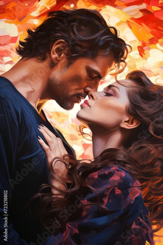 Romantic kiss of a man and a woman on a red background. For relationship illustration, party invitations, book cover