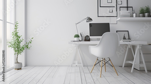Minimal home office white. Work space in home. Work from home. Modern room design © Ilmi