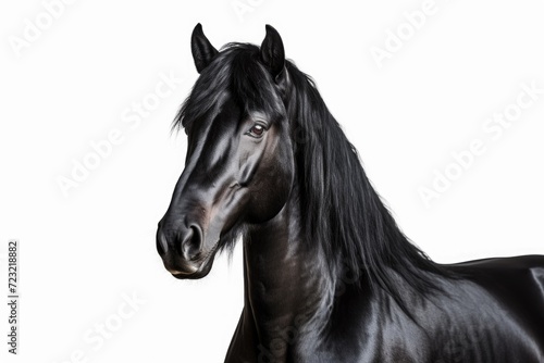A black horse with a long mane stands in front of a white background. Suitable for various uses
