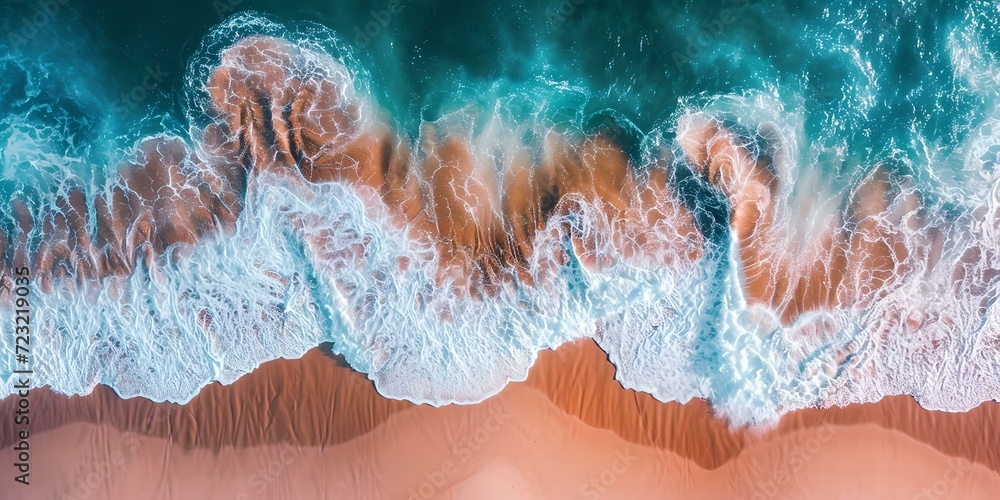 Aerial view of ocean waves crashing onto the sandy shore. tranquil seascape for peaceful themes. ideal for travel and nature designs. AI