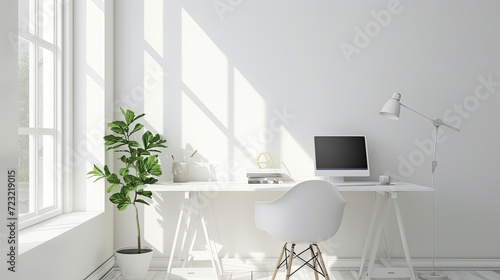 Minimal home office white. Work space in home. Work from home. Modern room design