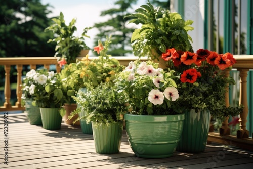 A row of potted plants placed on a deck. Perfect for adding a touch of greenery to outdoor spaces