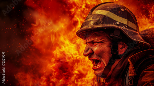 A powerful image of a fireman screaming amidst a catastrophic fire, his expression one of overwhelming distress and fury, set against a collapsing building ablaze. Focus on the tragedy and heroism. .