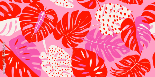 Monstera leaf seamless pattern, hand drawn tropical botanical, spring and Summer time, flat style, natural ornaments for textile, fabric, wallpaper, background. Vector illustration.