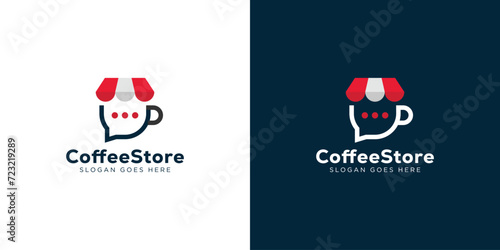 Creative Coffee Store Logo with Mug Cup Chat Bubble. Online Coffee Shop with Minimalist Style Logo Icon Symbol Vector Design Template.