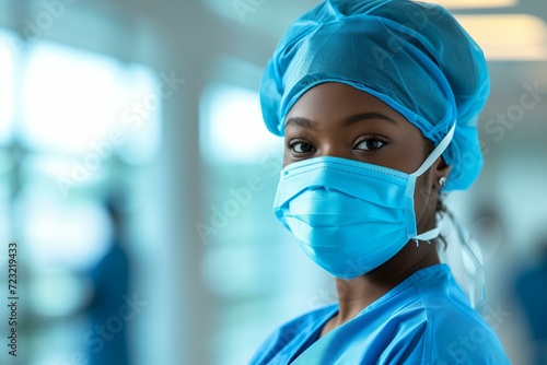 a black woman doctor portrait in blue scrubs and surgical mask