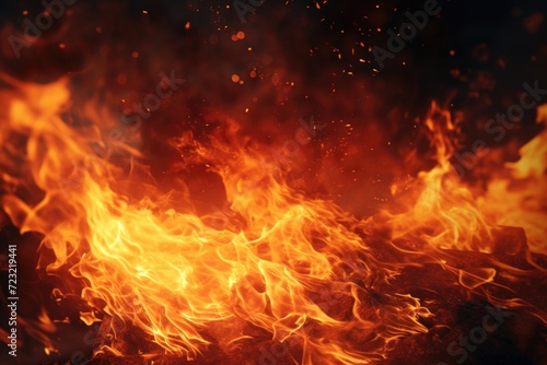 A close-up view of a fire on a black background. This image can be used to depict warmth, energy, danger, or destruction. Ideal for projects related to nature, bonfires, camping, or artistic concepts