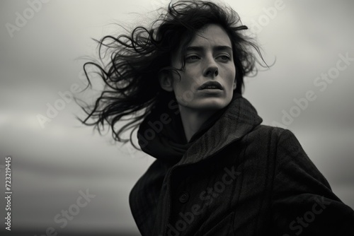 A black and white photo capturing a woman with her hair blowing in the wind. This image can be used to depict a sense of freedom and movement photo