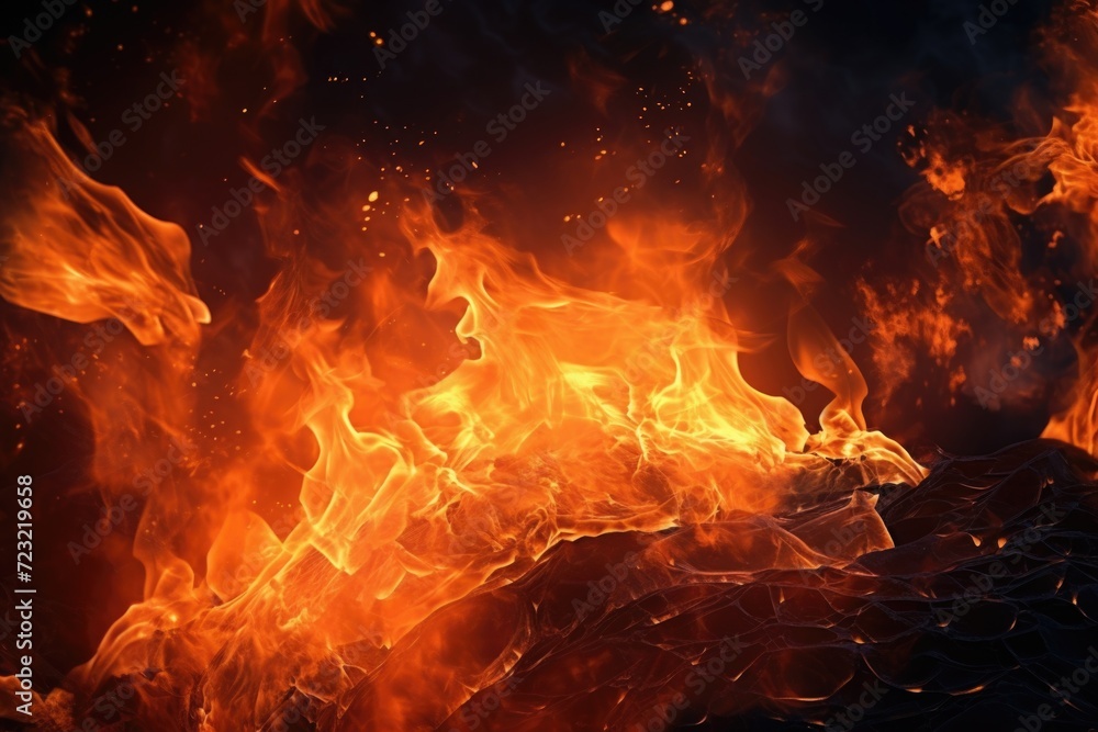 A close-up view of a fiery flame on a black background. Perfect for adding a touch of warmth and intensity to any project