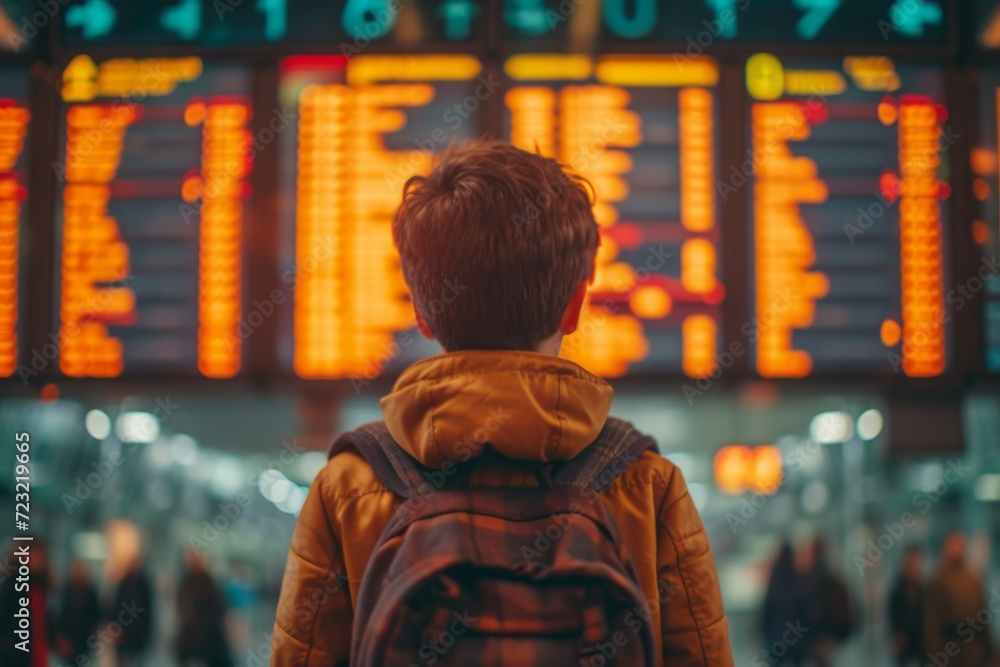 Child with backpack looking at the information screens at the airport. Travel concept Child with backpack looking at the information screens at the airport. Travel concept