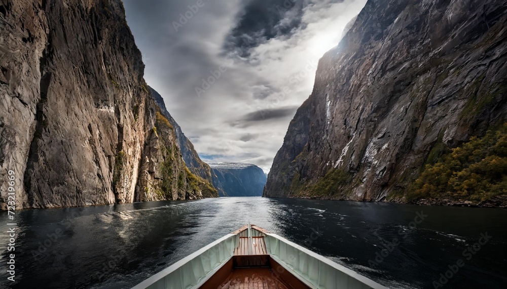 cruise ship passes a narrow canyon of rock one of the many natural wonders that can be found in norwegian fjords generative - obrazy, fototapety, plakaty 