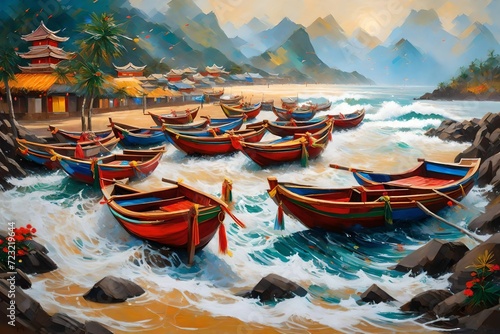 Lunar New Year at a coastal location  waves crashing on the shore  traditional boats adorned with decorations  a unique blend of festivities against a natural backdrop  Artwork